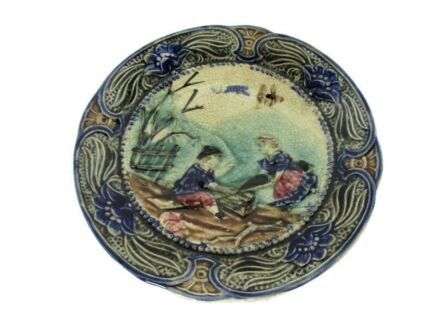 Small Plate Majolica Barbotine Children on Seesaw Wasmuel Belgium Ornate 7.67"