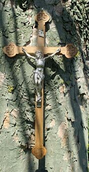 Vintage Carved Oak Hanging Crucifix Cross Jesus Christ Art Brass Corpus 23.42"