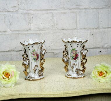 Antique Couple French Vieux Paris Porcelain Fan Flair Bridal Vases Lovely