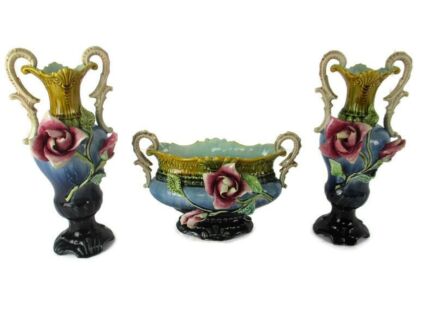 Set of 3 French Barbotine Majolica Vases Planters Centerpiece Pitchers Art Nouveau  Gorgeous Color Blue
