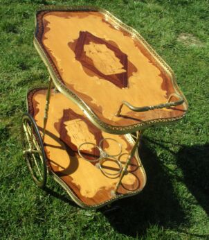 Bar Cart Italian Hollywood Regency Gold Chrome Wood Inlay Marquetry Vintage