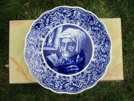 Antique Delfts Blue Boch Frère La Louviere Belgium Porcelain Plate Old Lady