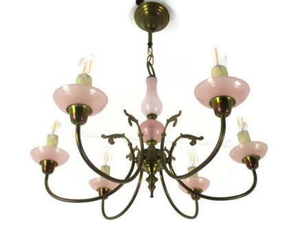 Shipping for Chandelier Hollywood regency Romantic 6 Arm Lights Opaline Glass Pink Brass