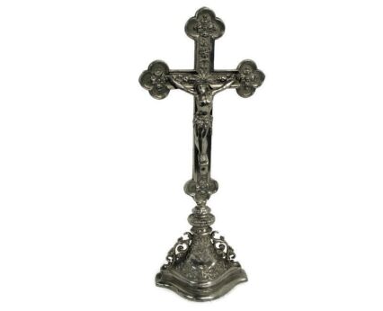 Vintage Standing Table  Crucifix Jesus Christ Cross Ornate  French Fleur de Lis Lys Spelter Beautiful
