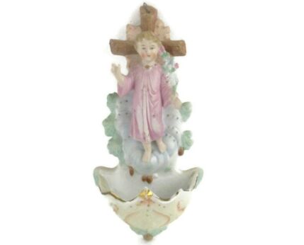 porcelain Bisque Holy Water Font Vessel Infant Jesus  Wall Hanging Antique