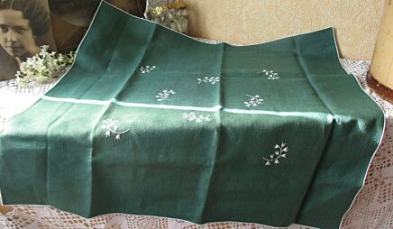 Flax Linen Green Tablecloth handmade Embroidery White Flowers Belgium Vintage