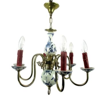 Vintage Delft Blue White Porcelain Brass Chandelier Dutch Romantic 6 lights Arms