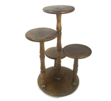 XL Vintage 4 Tier Pedestal Table Plant Flower Stand Side Table Carved wood Brass Pieces HTF
