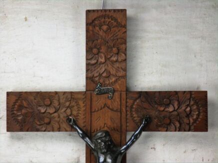 Large Hand Carved Ornate Crucifix Cross Spelter Jesus Christ Flowers 27.16"