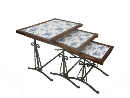 Set of 3 Wood Stacking Nesting Tables Delft Blue Tiles Wrought Iron Legs