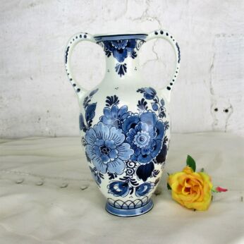 Vintage Delft Vase Blue White Marked Royal Goedewaagen two handles 8.66"