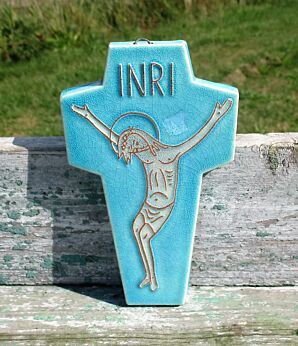 Small Mid Century Design Ceramic Modernist Crucifix Marked Laach Azuro Blue