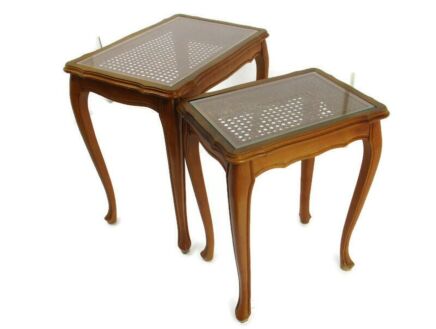 Vintage set of 2 Wooden Nesting Side Tables Cane Rush Glass Table Tops Louis XV