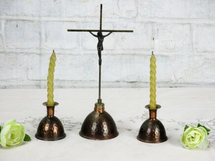 Small Table Altar Set Crucifix 2 candle Holders Red brass Cross Jesus Christ
