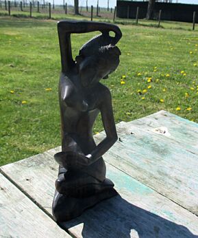 Vintage Asian Woman looking in Mirror Nude Statuette Figurine Hand Carved Wood