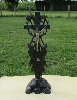 Antique Dark Painted Carved wood Table Crucifix Cross Memento Mori Christ