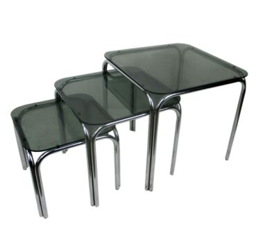 Vintage Nesting Stacking Coffee Side Tables Brass Smoked Glass Table tops
