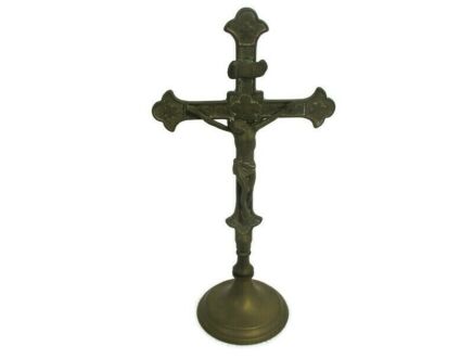 Small French Embossed Brass Standing Crucifix Ornate Lovely Jesus Christ 11.81"