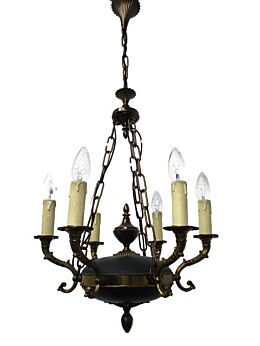 French Empire Chandelier Green Tole Brass 6 arms Hollywood Regency Beautiful