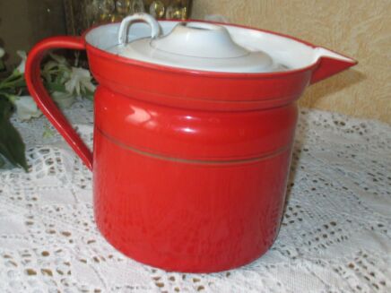 Vintage Tin Enamel Coffee Pot Can Rustic Home Decor Tableware Toleware Retro Red