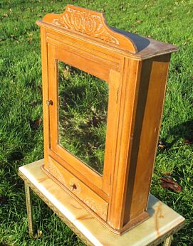 Antique French Medicine Bathroom Wall Cabinet Glass mirror Apothecary Carved Wood Flowery motive
