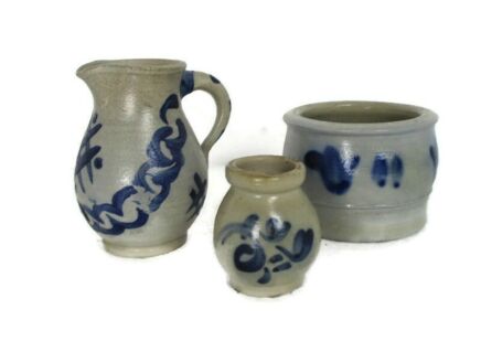 3 small Antique French Stoneware Earthenware Crock Jars Lard Cobalt gray Planters Flower Pots Herbs Farmhouse Country Barn Cottage Style
