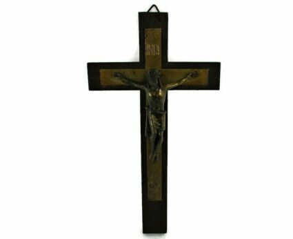 Small Vintage Brass Corpus Wooden Cross  Wall  Hanging Crucifix Jesus Christ  7.87"