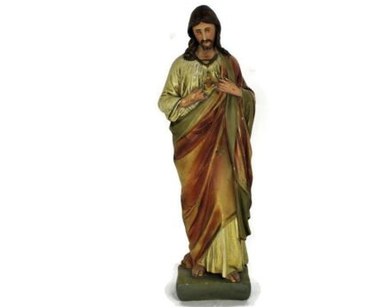 Antique Altar Statue Jesus Christ Savior Sacred Heart Neo Gothic 1900 Plaster Polychrome 20.66"