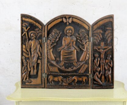 African Art Triptych Hand Carved Art Panel Christian Scenes Exclusive Decorative