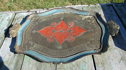Italian Mid Century Hollywood Regency Florentine Serving Tray Light Blue Orange