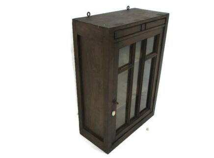 Vintage Kitchen Apothecary Bathroom Wall Cabinet Glass Door Display Carved Wood