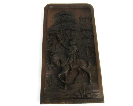 Antique hand Carved Door Panel Hunting Scene Horses Reclaimed Architectural WOW