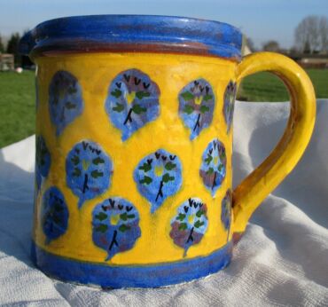 West German Blue Yellow Jar Pitcher Marked Lovely Colors Stoneware