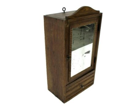 hand Carved Wood Medicine Apothecary Pharmacy Kitchen Wall Cabinet Mid Century Modern