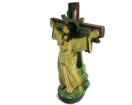 Statue Jesus Christ Savior Sacred Heart Plaster Polychrome Jesus Hanging on the cross extremely rare Crucifix