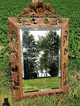 Stunning Large ornate Carved Wood Lions Hall Mirror Beveled Glass Black Forest