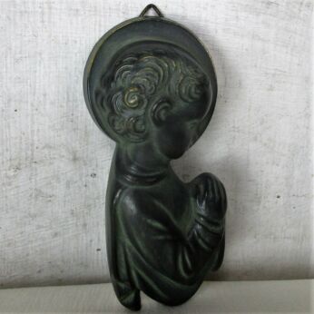 Vintage small art brass spelter Wall Hanging Infant Jesus Praying Child Germany