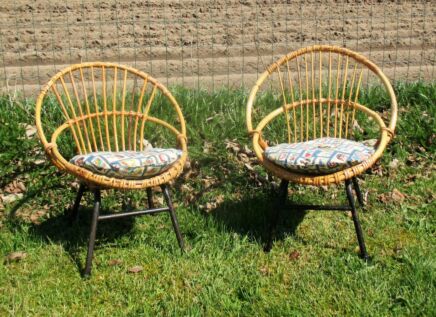 Small Vintage Pair Couple Children Lounge Chairs Rattan Wicker Authentic