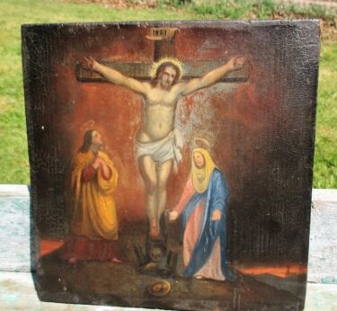 Small Painting On Wood Christ on Calvary John Mary Crucifixion 19th Century