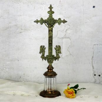 Vintage Standing Crucifix Ornate Brass Glass Base Angels Trinity Jesus Christ