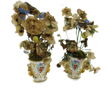 Antique Couple Porcelain Fan Flair Vases Flower Bridal Bouquet Vieux Paris