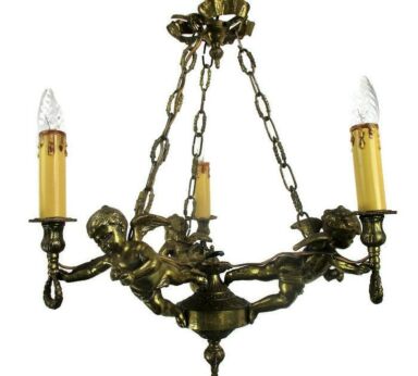 Bronze Chandelier Putti Cherubs Angels 3 arm Lights Gorgeous Hollywood Regency
