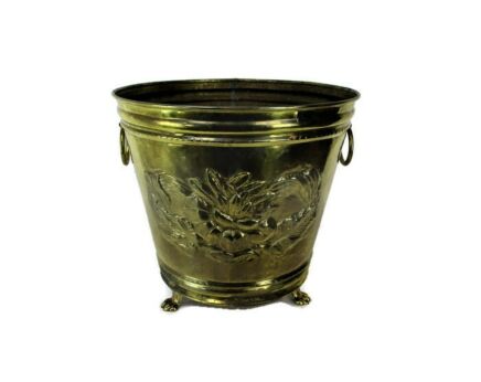 Large Planter Vintage Jardiniere Hammered Brass Kettle Decorative Lion Head Handles, Lion Feet