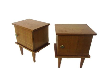 Pair Couple Vintage Tripod Nightstands End tables Mid Century Modern Wood Retro Funky Danish Style