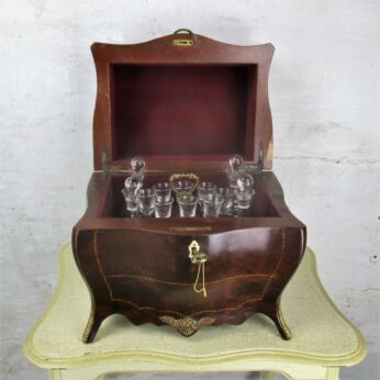 Antique French Tantalus Crystal Set Cave a Liqueur Cabinet Inlay Marquetry Bar