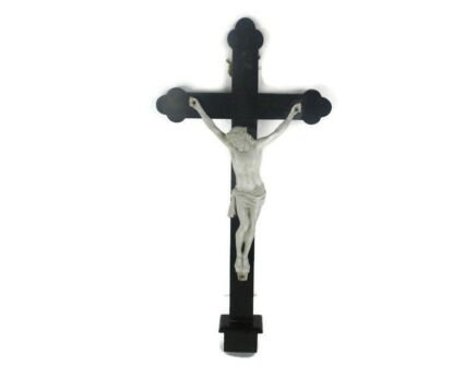 Wooden  French Hanging  Crucifix Bisque Porcelain Ornate Corpus Jesus