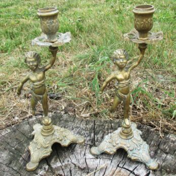 Antique Brass Ornate 2 Candle Holders Putti Angels