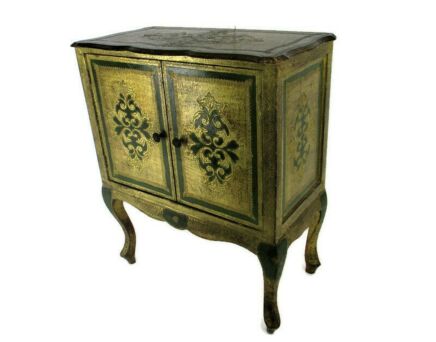 Florentine Wood Nightstand End Table Hall Cabinet Gold Gilded Green Italian