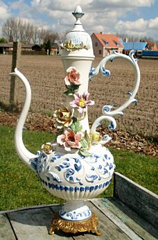 Exquisite Large Hand Made Italian Vase Pitcher with Lid Porcelain Flowers