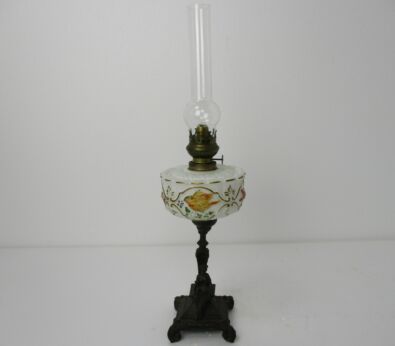 antique Opaline Table oil lamp Burner with Glass Chimney Working Hand Painted Birds Spelter Figurine Marked